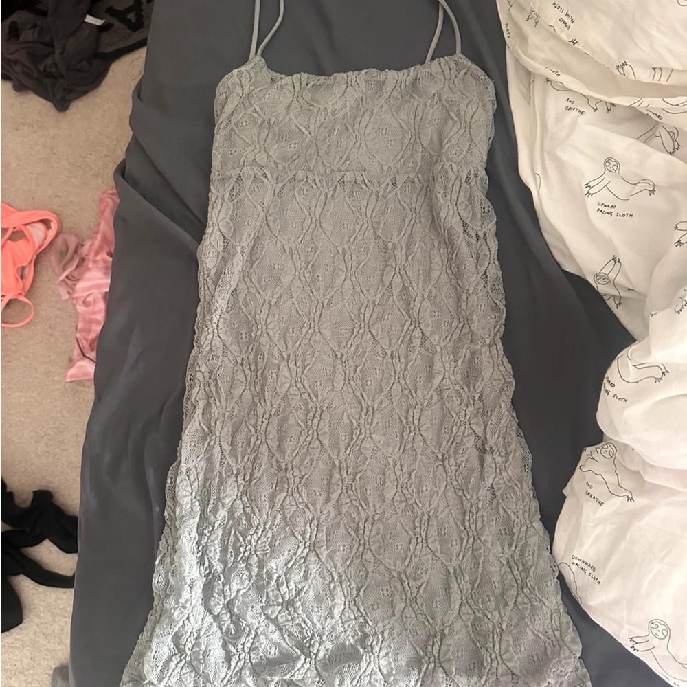Pull&Bear Lace Slip Dress in Light Gray